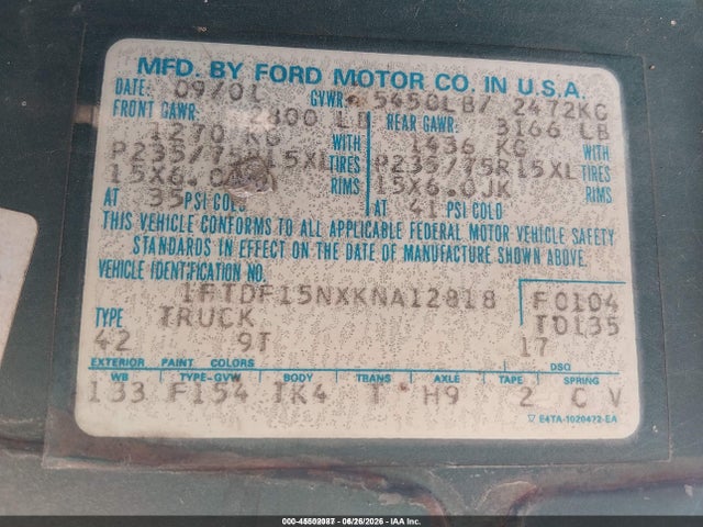 45502087 :رقم المزاد ، 1FTDF15NXKNA12818 vin ، 1989 Ford F150 مزاد بيع