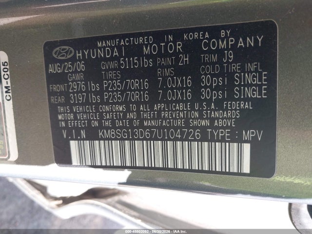 Продажа на аукционе авто 2007 Hyundai Santa Fe Gls, vin: KM8SG13D67U104726, номер лота: 45502092