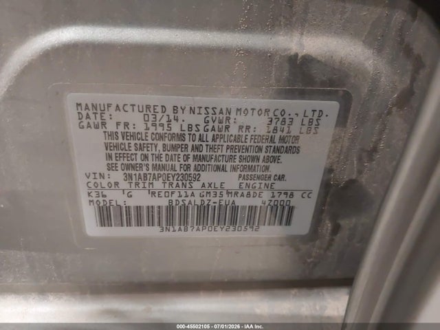 3N1AB7AP0EY230592 Nissan Sentra Fe+ S/fe+ Sv/s/sl/sr/sv
