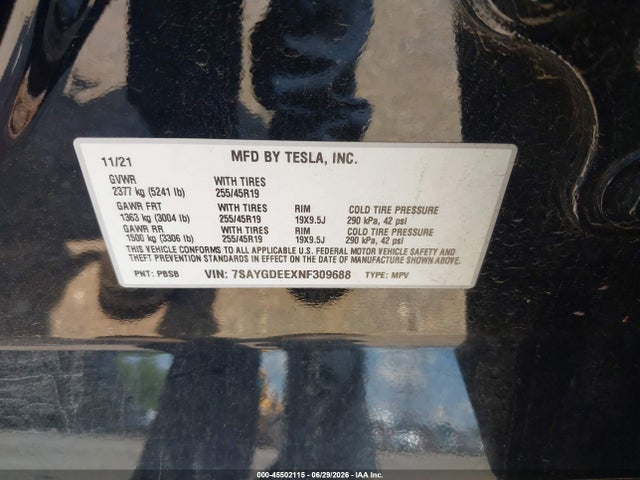Aukcja sprzedaży 2022 Tesla Model Y Long Range Dual Motor All-wheel Drive, vin: 7SAYGDEEXNF309688, numer aukcji: 45502115