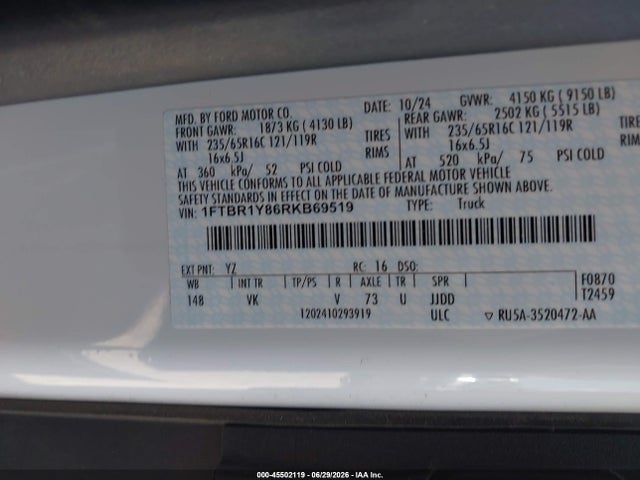 Продажа на аукционе авто 2024 Ford Transit-250, vin: 1FTBR1Y86RKB69519, номер лота: 45502119