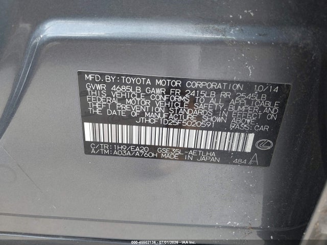 45502136 :رقم المزاد ، JTHCF1D25F5020591 vin ، 2015 Lexus Is 250 مزاد بيع