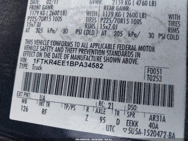 Auction sale of the 2011 Ford Ranger Xlt, vin: 1FTKR4EE1BPA34582, lot number: 45502145