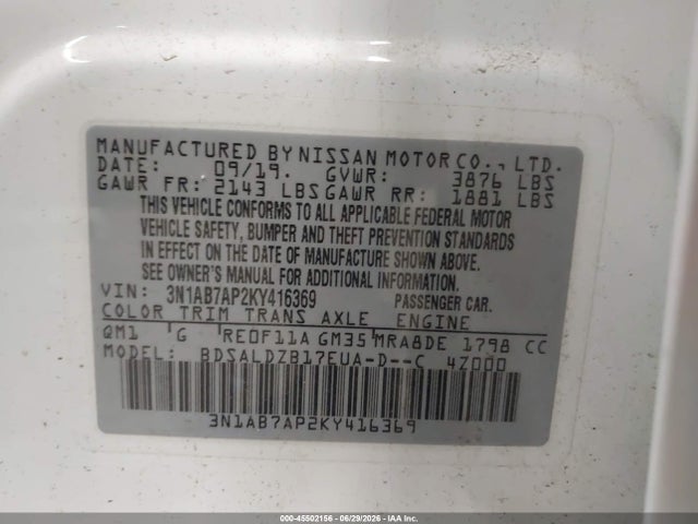 45502156 :رقم المزاد ، 3N1AB7AP2KY416369 vin ، 2019 Nissan Sentra Sv مزاد بيع