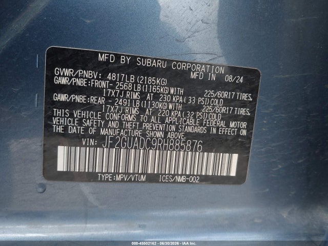 Aukcja sprzedaży 2024 Subaru Crosstrek Premium, vin: JF2GUADC9RH885876, numer aukcji: 45502162