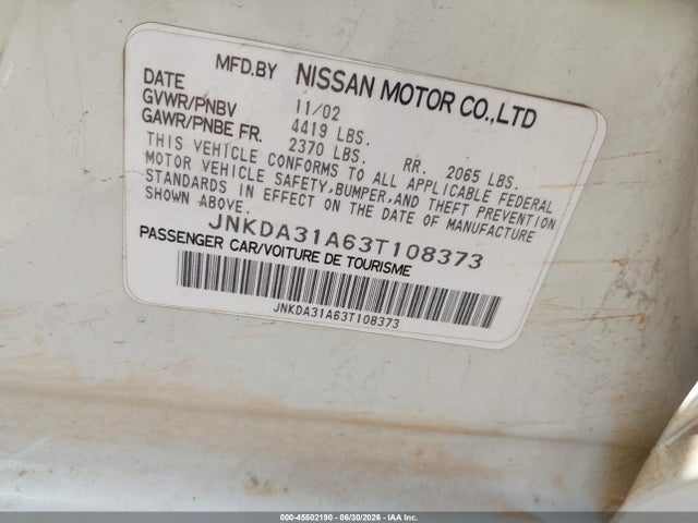 Aukcja sprzedaży 2003 Infiniti I35 Luxury, vin: JNKDA31A63T108373, numer aukcji: 45502190