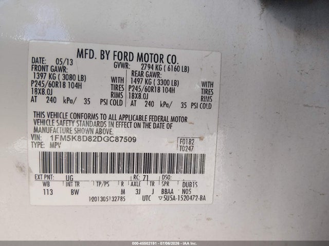 Aukcja sprzedaży 2013 Ford Explorer Xlt, vin: 1FM5K8D82DGC87509, numer aukcji: 45502191