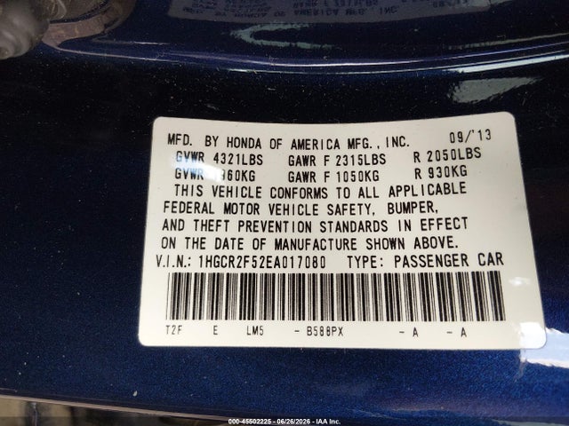 1HGCR2F52EA017080 Honda Accord Sport