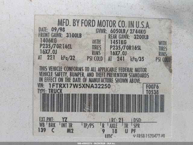 Aukcja sprzedaży 1999 Ford F150, vin: 1FTRX17W5XNA32250, numer aukcji: 45502274