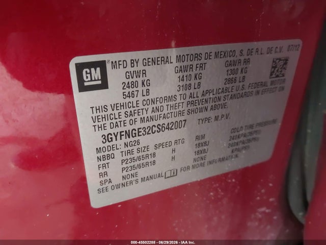 Aukcja sprzedaży 2012 Cadillac Srx Standard, vin: 3GYFNGE32CS642007, numer aukcji: 45502288