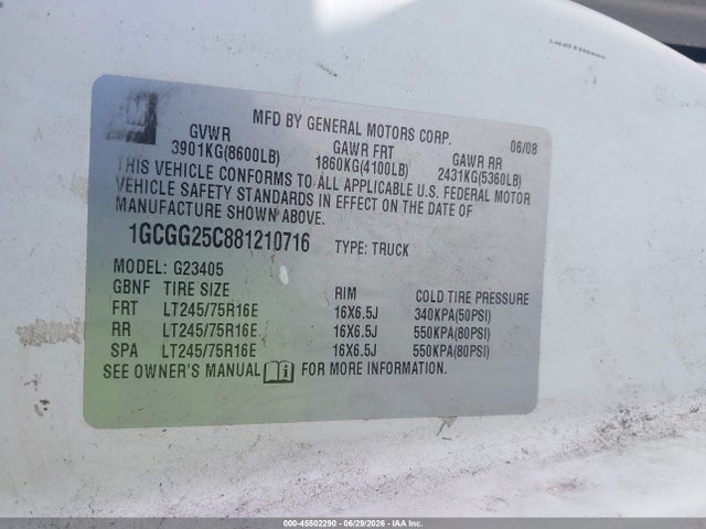 Продаж на аукціоні авто 2008 Chevrolet Express Work Van, vin: 1GCGG25C881210716, номер лоту: 45502290