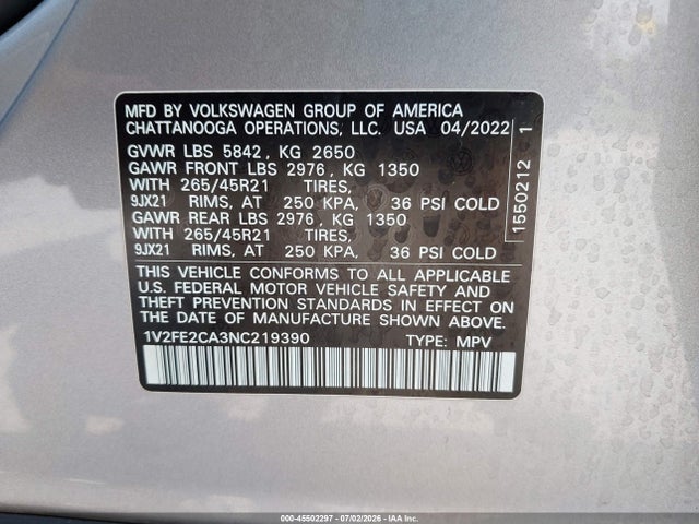Aukcja sprzedaży 2022 Volkswagen Atlas Cross Sport 3.6l V6 Sel Premium R-line, vin: 1V2FE2CA3NC219390, numer aukcji: 45502297