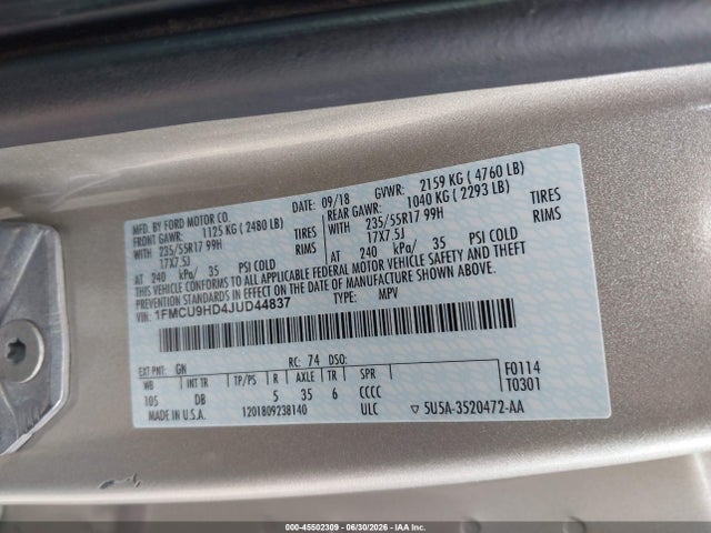 45502309 :رقم المزاد ، 1FMCU9HD4JUD44837 vin ، 2018 Ford Escape Sel مزاد بيع