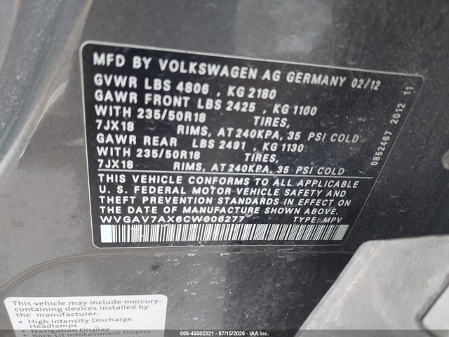 Продаж на аукціоні авто 2012 Volkswagen Tiguan Se, vin: WVGAV7AX6CW006277, номер лоту: 45502321