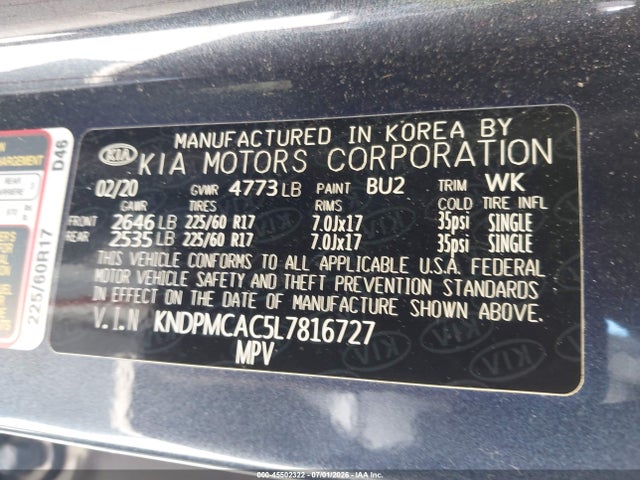 Продажа на аукционе авто 2020 Kia Sportage Lx, vin: KNDPMCAC5L7816727, номер лота: 45502322