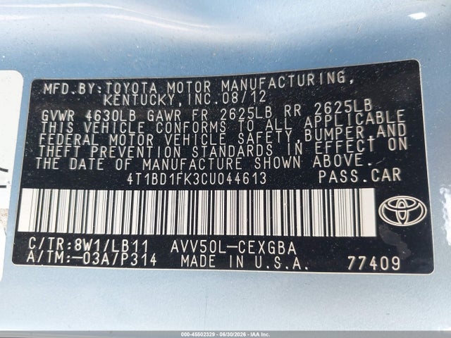 Продаж на аукціоні авто 2012 Toyota Camry Hybrid Xle, vin: 4T1BD1FK3CU044613, номер лоту: 45502329