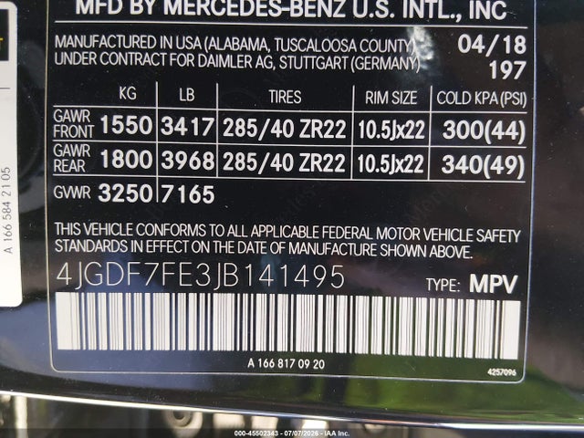 Aukcja sprzedaży 2018 Mercedes-benz Amg Gls 63 4matic, vin: 4JGDF7FE3JB141495, numer aukcji: 45502343