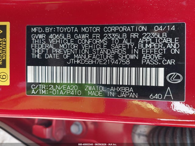 45502345 :رقم المزاد ، JTHKD5BH7E2194758 vin ، 2014 Lexus Ct 200h مزاد بيع
