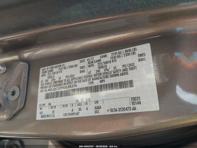 Продажа на аукционе авто 2017 Lincoln Mkc Select, vin: 5LMCJ2C92HUL55376, номер лота: 45502357