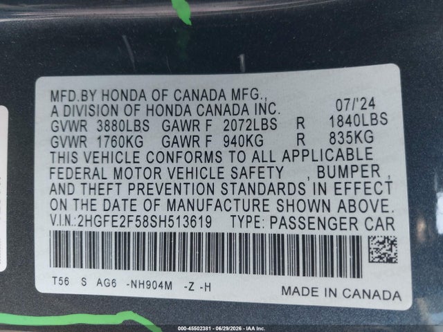 2HGFE2F58SH513619 Honda Civic Sport