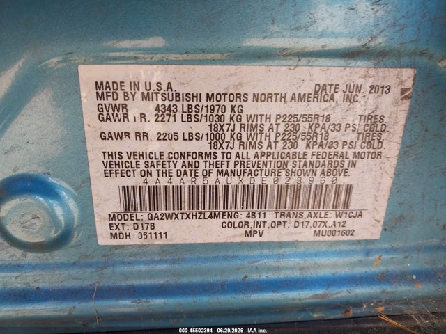 Aukcja sprzedaży 2013 Mitsubishi Outlander Sport Le, vin: 4A4AR5AUXDE023960, numer aukcji: 45502394