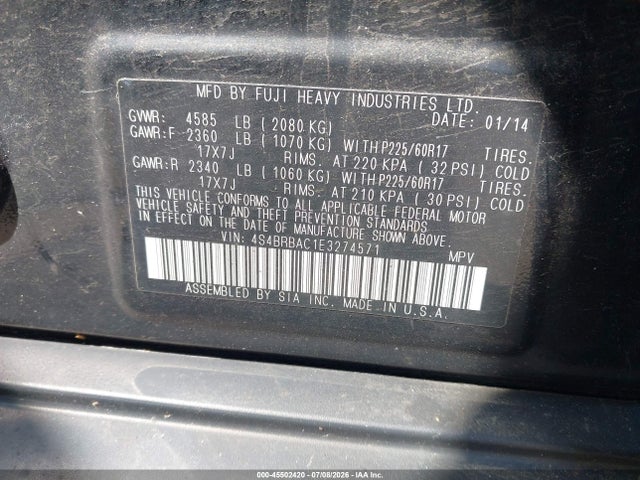2014 Subaru Outback 2.5i მანქანა იყიდება აუქციონზე, vin: 4S4BRBAC1E3274571, აუქციონის ნომერი: 45502420
