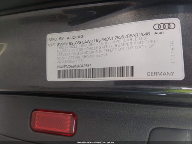 Aukcja sprzedaży 2021 Audi A5 Sportback Premium Plus 45 Tfsi Quattro S Tronic, vin: WAUFACF59MA042594, numer aukcji: 45502430