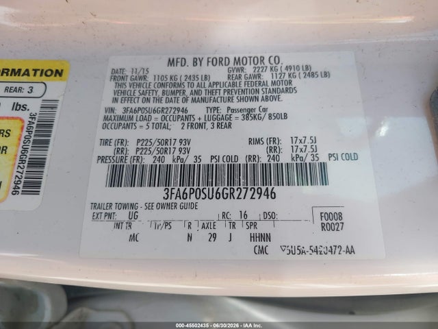 45502435 :رقم المزاد ، 3FA6P0SU6GR272946 vin ، 2016 Ford Fusion Energi Titanium مزاد بيع