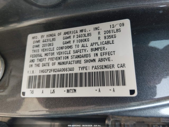 Aukcja sprzedaży 2010 Honda Accord 2.4 Ex-l, vin: 1HGCP2F82AA066340, numer aukcji: 45502442
