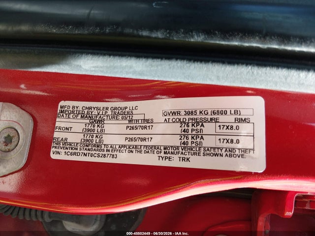 2012 Ram 1500 Laramie მანქანა იყიდება აუქციონზე, vin: 1C6RD7NT0CS287783, აუქციონის ნომერი: 45502449