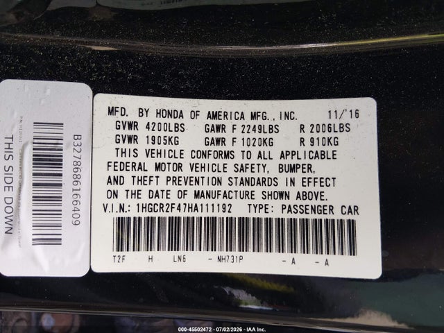 Aukcja sprzedaży 2017 Honda Accord Lx, vin: 1HGCR2F47HA111192, numer aukcji: 45502472