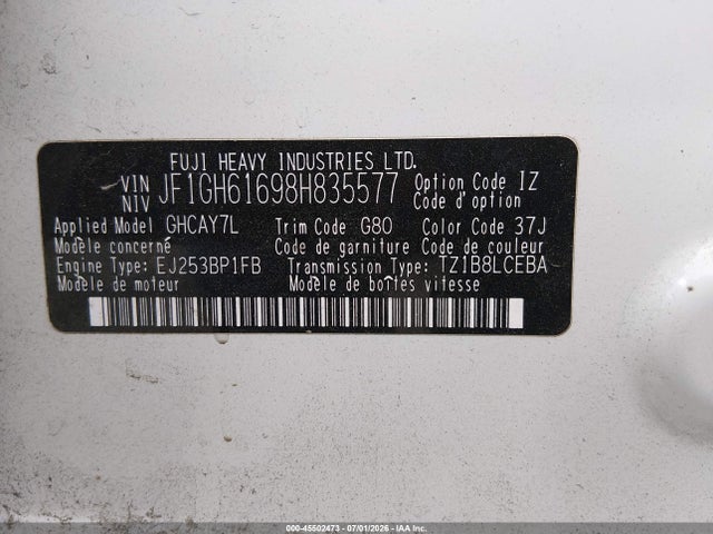 2008 Subaru Impreza Wagon (natl) I W/premium Pkg მანქანა იყიდება აუქციონზე, vin: JF1GH61698H835577, აუქციონის ნომერი: 45502473