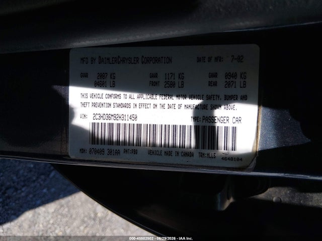 Aukcja sprzedaży 2002 Chrysler Concorde Lxi, vin: 2C3HD36M92H311450, numer aukcji: 45502502