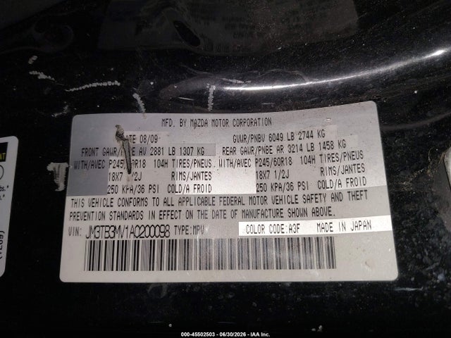 Aukcja sprzedaży 2010 Mazda Cx-9 Sport, vin: JM3TB3MV1A0200098, numer aukcji: 45502503