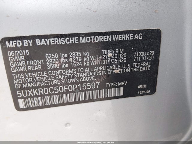 2015 Bmw X5 Xdrive35i მანქანა იყიდება აუქციონზე, vin: 5UXKR0C50F0P15597, აუქციონის ნომერი: 45502510