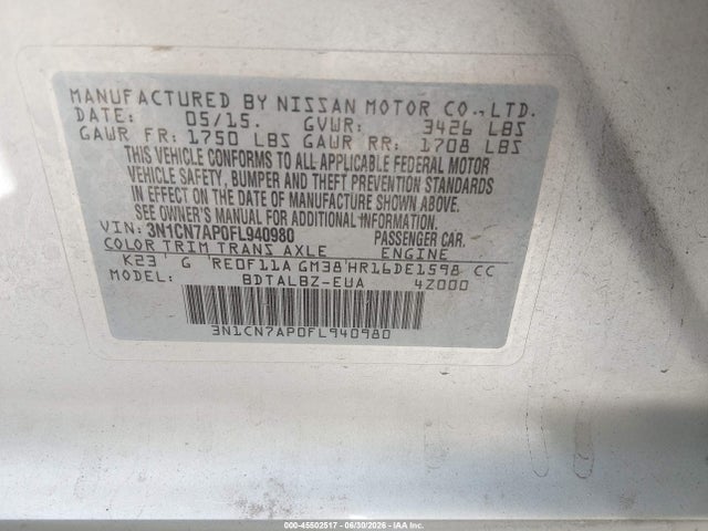 3N1CN7AP0FL940980 Nissan Versa 1.6 Sv
