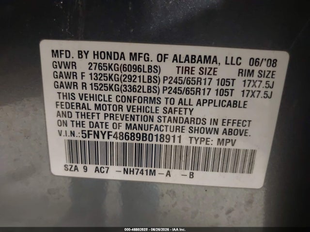 2009 Honda Pilot Ex-l მანქანა იყიდება აუქციონზე, vin: 5FNYF48689B018911, აუქციონის ნომერი: 45502527