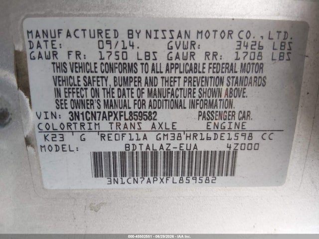 3N1CN7APXFL859582 Nissan Versa 1.6 S+