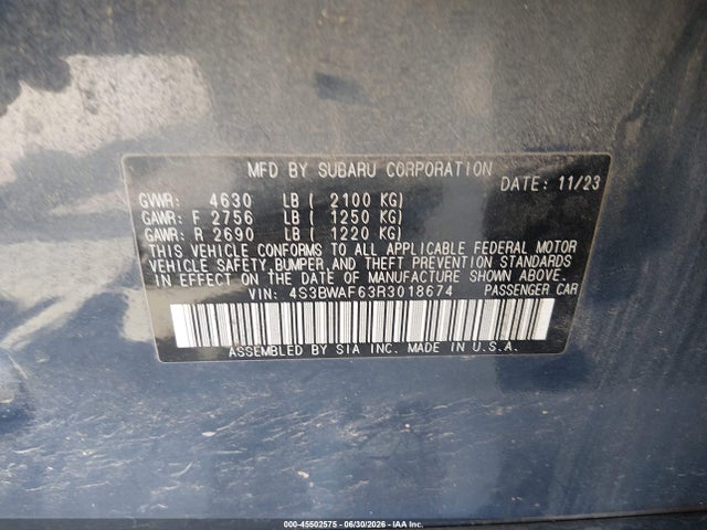 Aukcja sprzedaży 2024 Subaru Legacy Premium, vin: 4S3BWAF63R3018674, numer aukcji: 45502575