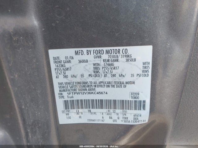 Aukcja sprzedaży 2006 Ford F-150 Lariat/xlt, vin: 1FTPW12V36KC45674, numer aukcji: 45502594