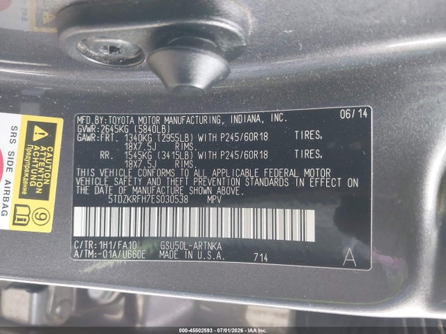 Продажа на аукционе авто 2014 Toyota Highlander Le Plus V6, vin: 5TDZKRFH7ES030538, номер лота: 45502593