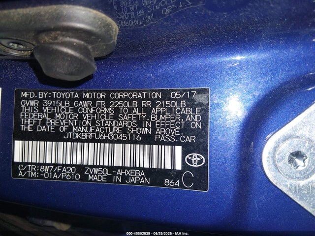 Aukcja sprzedaży 2017 Toyota Prius One, vin: JTDKBRFU6H3045116, numer aukcji: 45502639