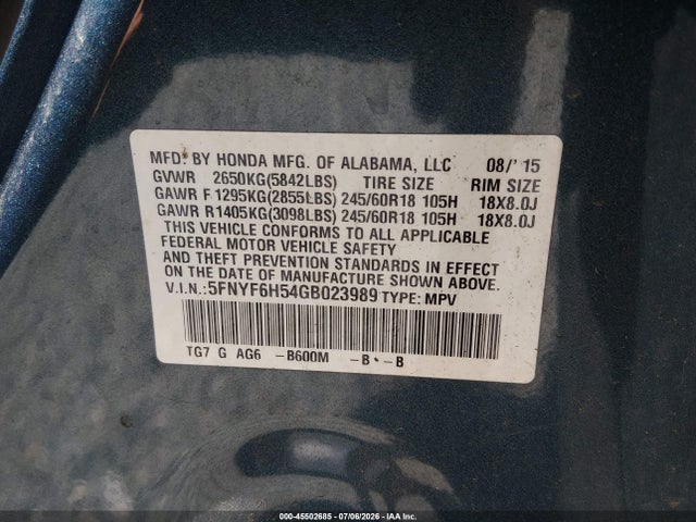 Honda Pilot Ex-l 2016 5FNYF6H54GB023989 Image 9