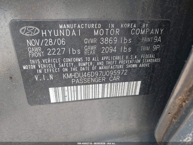 Aukcja sprzedaży 2007 Hyundai Elantra Gls/ltd/se, vin: KMHDU46D97U095972, numer aukcji: 45502710