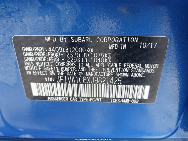 45502715 :رقم المزاد ، JF1VA1C6XJ9821425 vin ، 2018 Subaru Wrx Premium مزاد بيع
