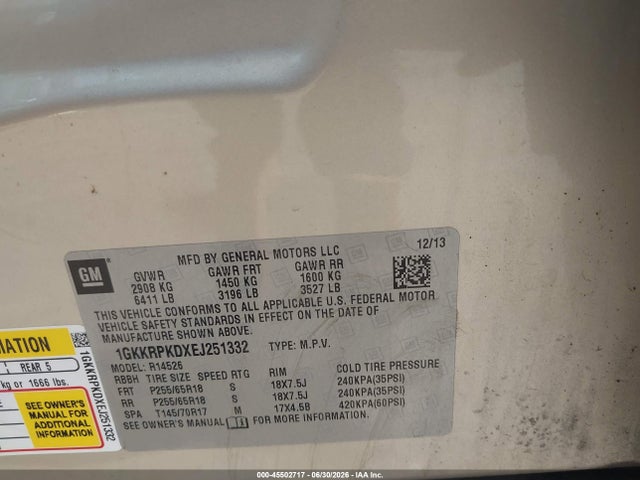 45502717 :رقم المزاد ، 1GKKRPKDXEJ251332 vin ، 2014 Gmc Acadia Sle-2 مزاد بيع