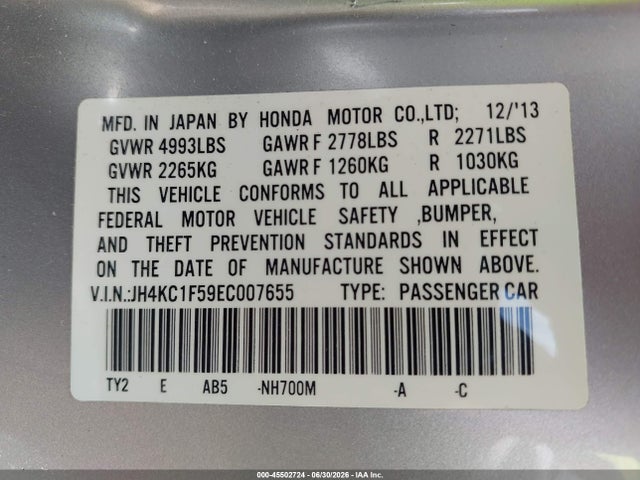 45502724 :رقم المزاد ، JH4KC1F59EC007655 vin ، 2014 Acura Rlx مزاد بيع