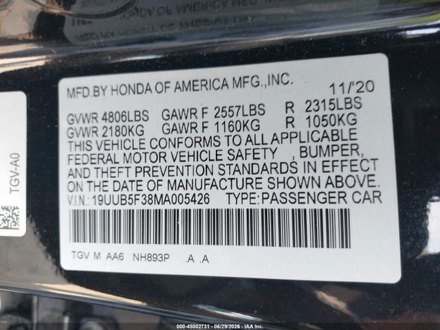 Aukcja sprzedaży 2021 Acura Tlx Standard, vin: 19UUB5F38MA005426, numer aukcji: 45502731