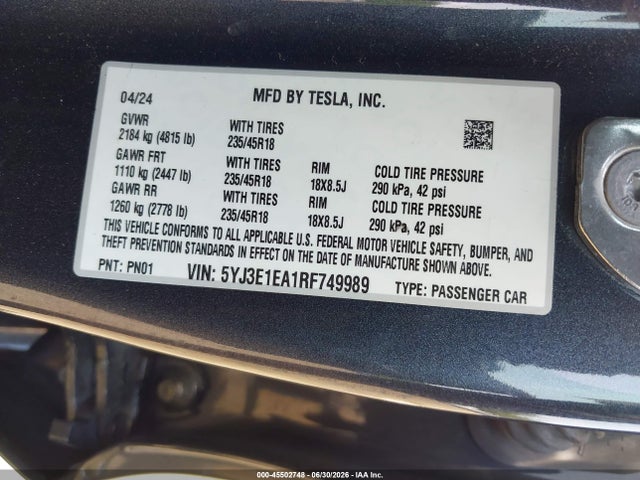 2024 Tesla Model 3 მანქანა იყიდება აუქციონზე, vin: 5YJ3E1EA1RF749989, აუქციონის ნომერი: 45502748