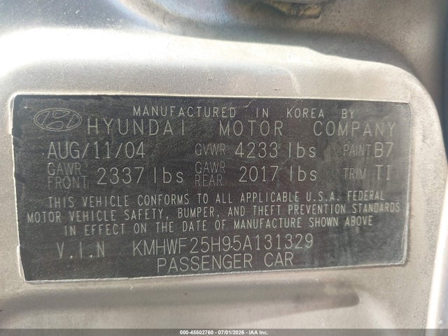 Aukcja sprzedaży 2005 Hyundai Sonata Gl V6, vin: KMHWF25H95A131329, numer aukcji: 45502760